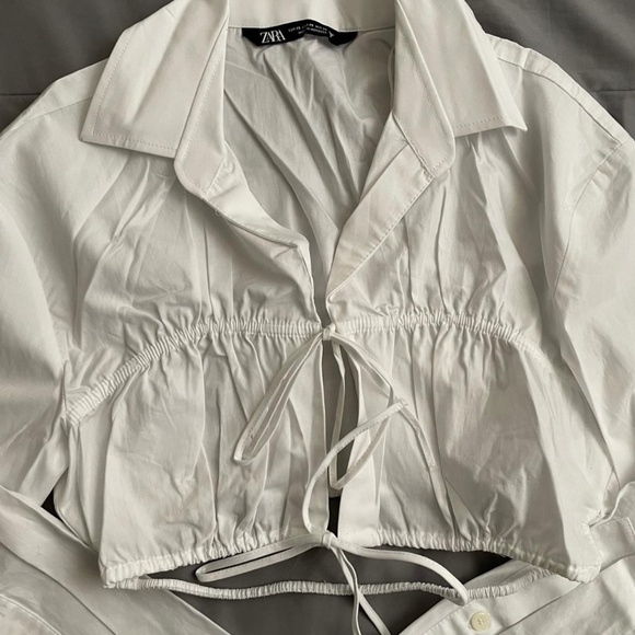 Zara White Cropped Poplin Shirt with Ties - Picture 2 of 5
